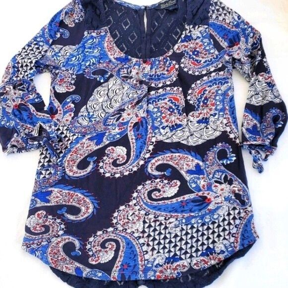 LUCKY BRAND LACE BACK TEE SHIRT BLUE SIZE MEDIUM RODEO COWGIRL WESTERN FESTIVAL - Picture 1 of 8